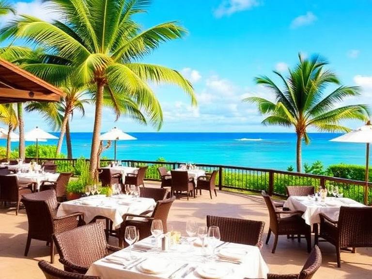 Outdoor oceanfront dining at Plumeria Beach House Kahala with palm trees, white table settings, and turquoise beach views