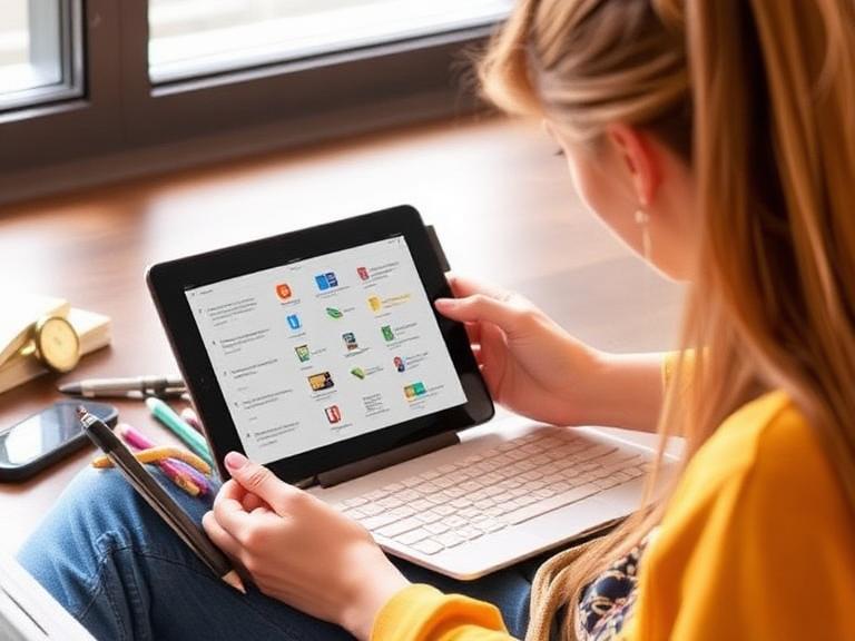 Student using a tablet for studying and note-taking at home workspace