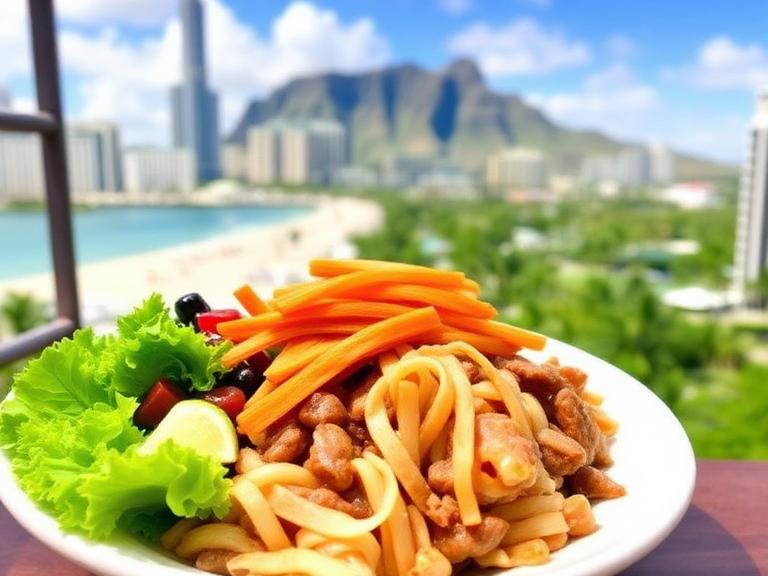Best local food in Waikiki featuring Hawaiian noodles and fresh vegetables with Diamond Head and Waikiki Beach in the background.