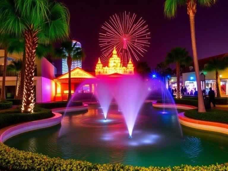 Illuminated fountain with colorful lights and fireworks at night in Orlando, featuring vibrant nightlife and attractions besides theme parks