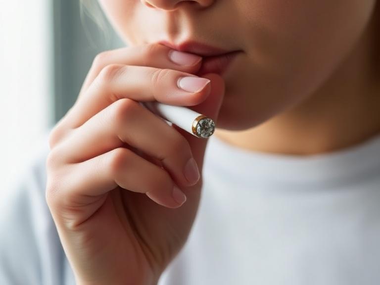 Close-up of a person holding and smoking a cigarette near their lips indoors