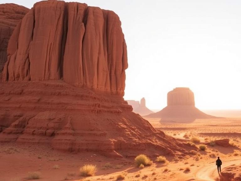 A wide desert view of Monument Valley featuring massive red sandstone rock formations rising from the sandy terrain under a bright sky with a lone traveler walking along a dusty trail.