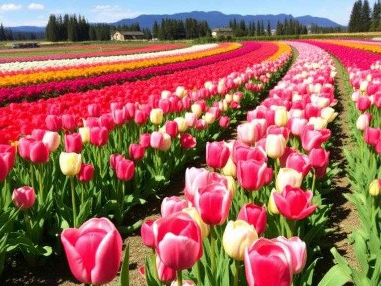 Colorful tulips in full bloom at the Tulip Farms in Skagit Valley, Washington.