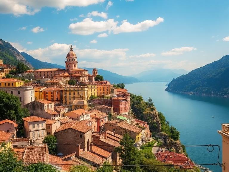 Colorful hillside village overlooking a serene lake with mountains in the background in Italy