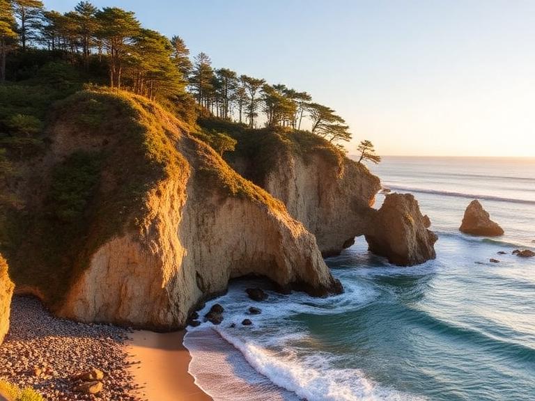 Golden sunset over coastal cliffs and ocean waves at a scenic California beach, ideal for best weekend getaways in California