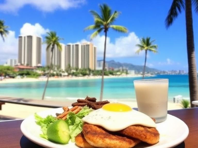 Best breakfast in Waikiki featuring pancakes, fresh fruit, and ocean view dining in Waikiki Hawaii