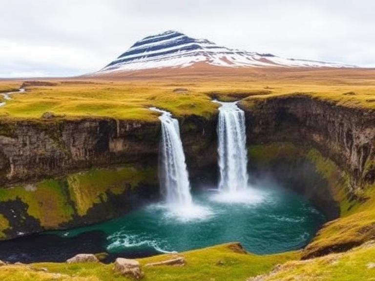 Scenic waterfall and mountain landscape in Iceland showcasing natural beauty and fun facts about Iceland
