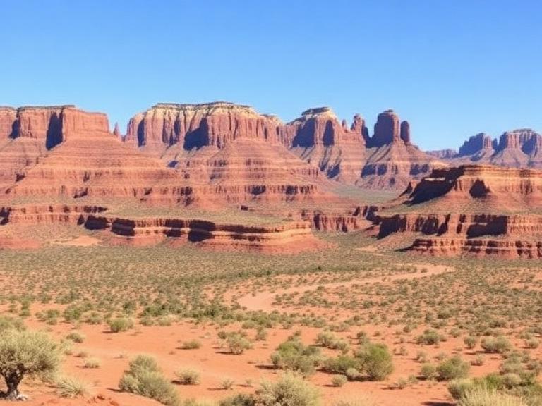 Wide panoramic view of Monument Valley desert landscape in the American Southwest with red rock buttes, open plains, and a blue sky with scattered clouds.