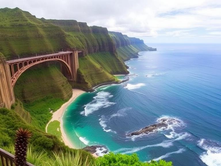 Scenic coastal cliffs and turquoise beach with a dramatic bridge view, representing an Oahu bucket list destination in Hawaii
