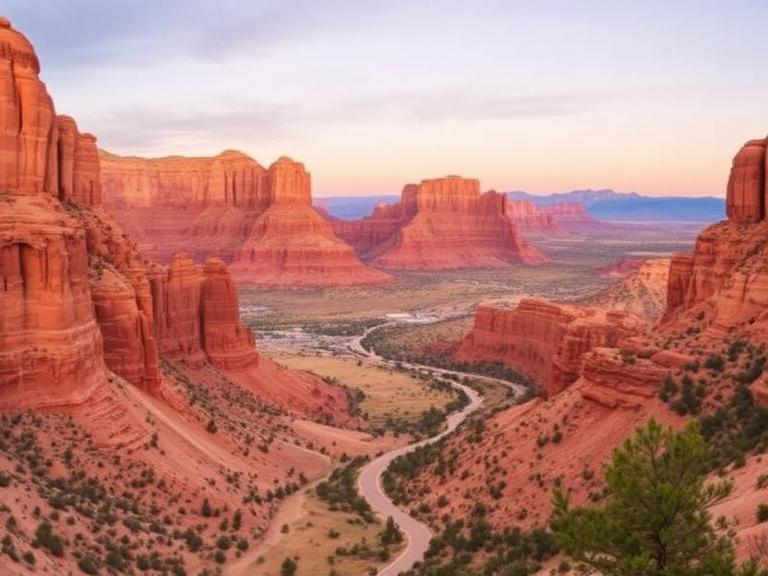 Scenic desert landscape with red rock formations and winding road in Monument Valley during sunset on a Utah Arizona road trip itinerary