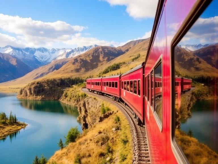 Red passenger train traveling along a curved track beside a turquoise lake with snow-capped mountains in the background, showcasing one of the best scenic train rides.