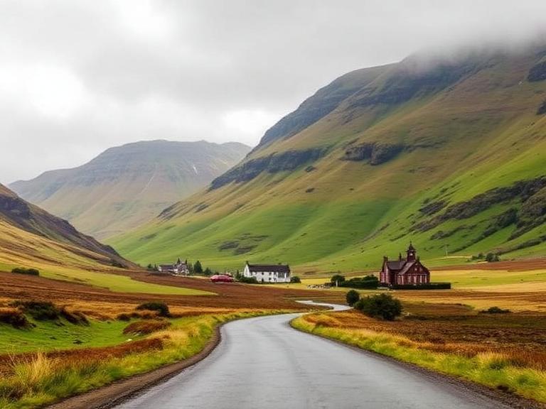 A winding road through a lush green Scottish valley leading to a small village with a church and houses under misty mountains.