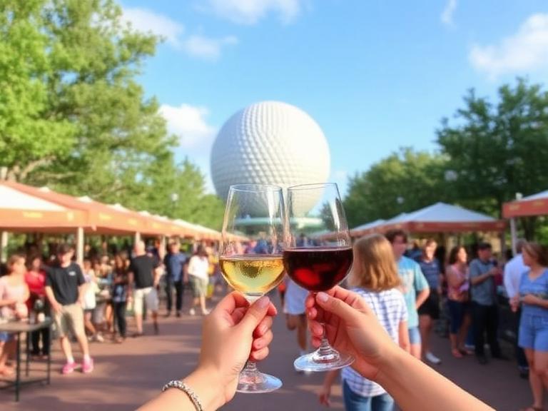 Couple toasting wine glasses at Epcot Food and Wine Festival with Spaceship Earth in the background
