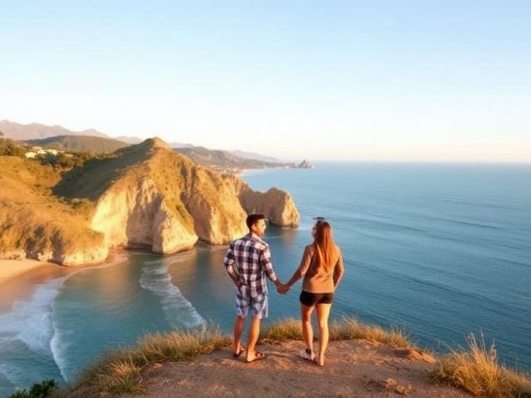 Couple holding hands on a cliff overlooking the California coast during a romantic weekend getaway.