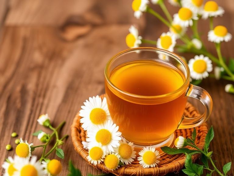 A warm cup of chamomile tea in a glass mug surrounded by fresh chamomile flowers on a wooden table, representing natural herbal wellness.