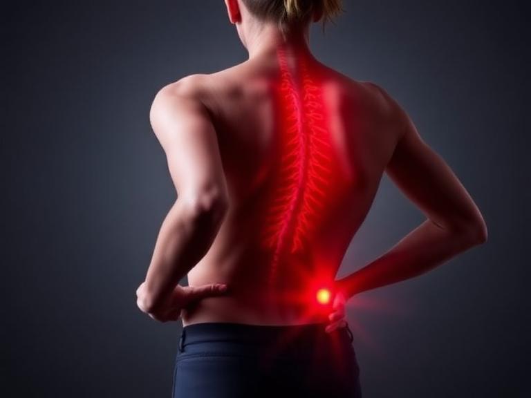 Person holding lower left back with highlighted spine and red pain area indicating lower left back pain causes