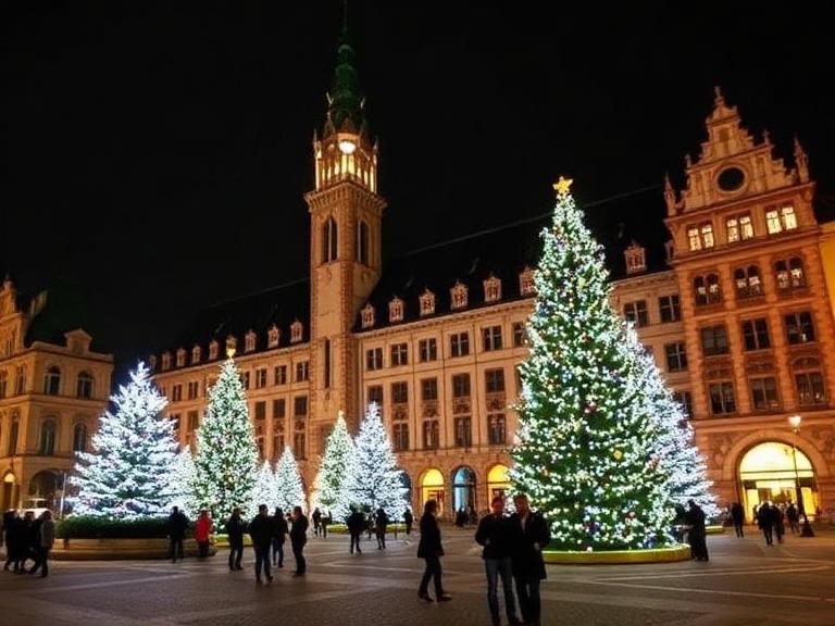 Beautiful Christmas market in Marienplatz Munich at night with illuminated Christmas trees and historic buildings