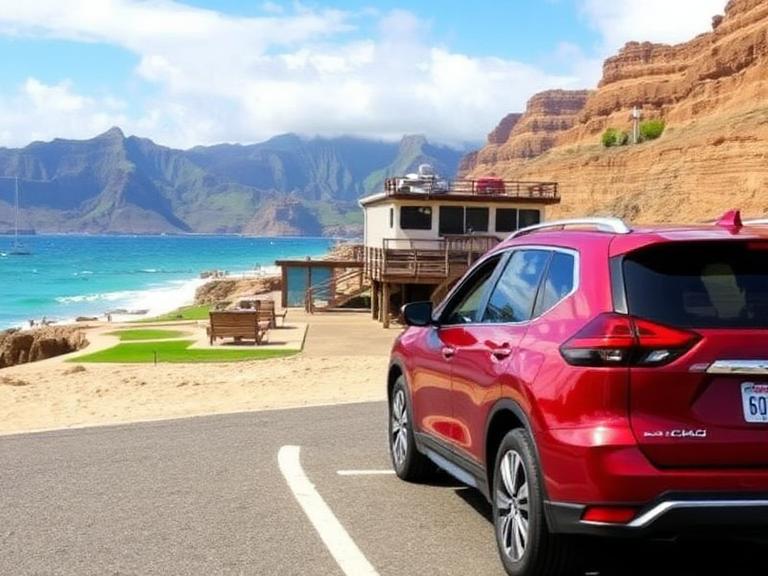 Renting a car in Oahu with a red SUV parked on a scenic coastal road overlooking turquoise ocean waters