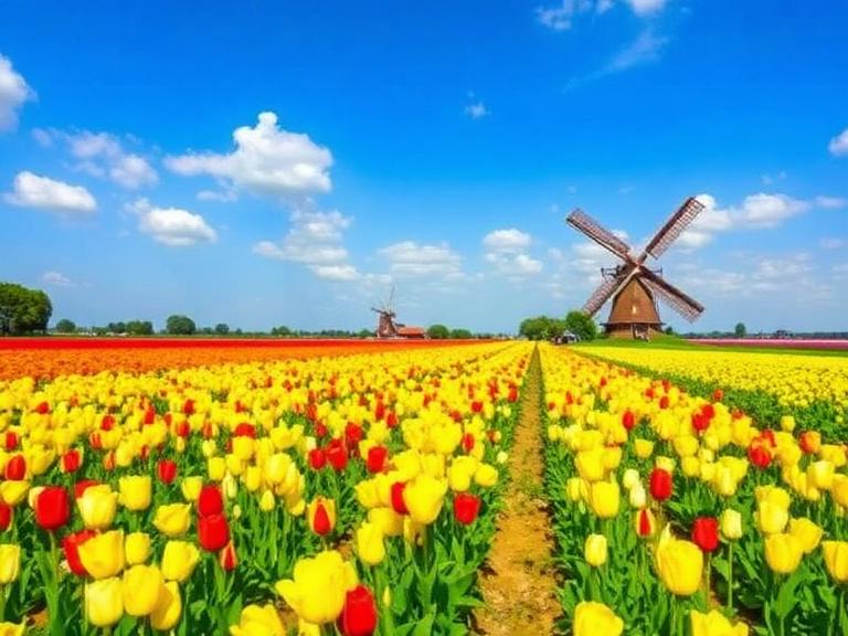 colorful tulip fields Netherlands with windmill and blue sky in spring