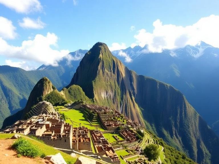 View of Machu Picchu ruins with Huayna Picchu mountain and lush green terraces under a bright blue sky
