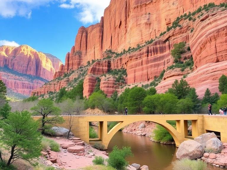 Scenic bridge over a river surrounded by towering red rock cliffs and lush greenery in Zion National Park