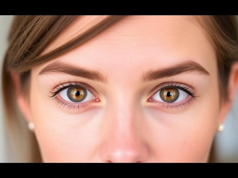 Close-up of a woman’s face showing small white bumps under the eyes, commonly known as milia under eyes