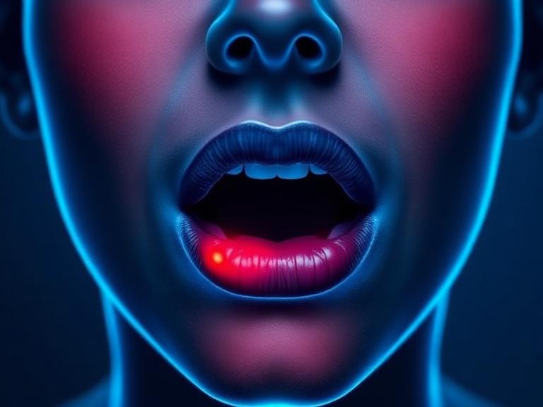 Close-up illustration of a mouth showing a red sore spot on the lip, representing oral infection or red spots on the roof of the mouth.