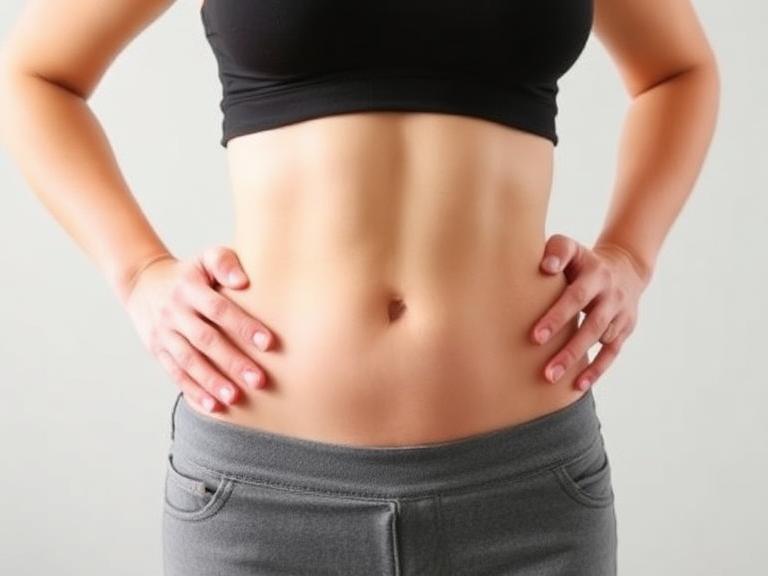 A woman holding her stomach area showing signs of abdominal tightness and discomfort.