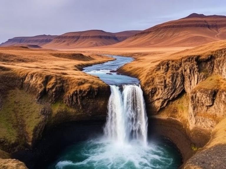 Iceland Ring Road itinerary scenic waterfall surrounded by rugged cliffs and flowing river landscape