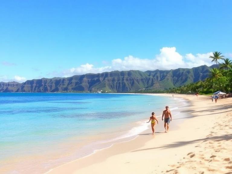 Couple walking along a tropical shoreline with turquoise water and mountain backdrop at one of the most beautiful beaches in Oahu