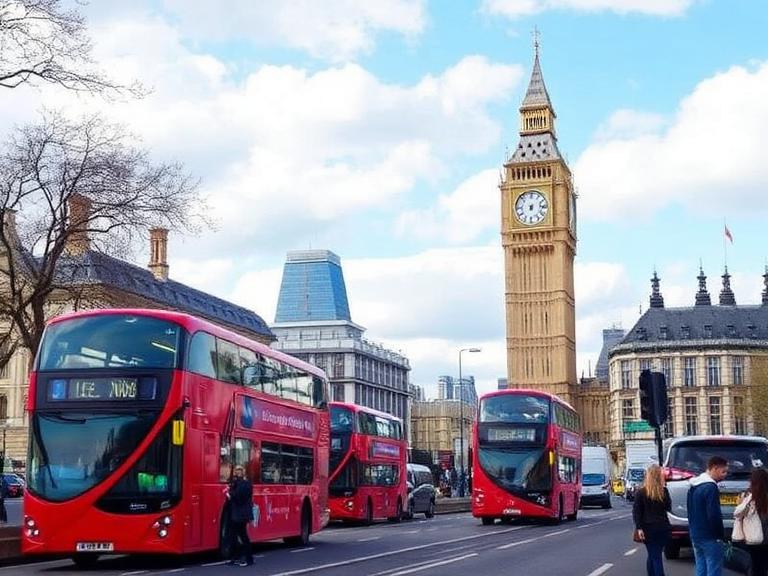 Red double-decker buses driving past Big Ben in London city centre, showcasing popular things to do in London for tourists