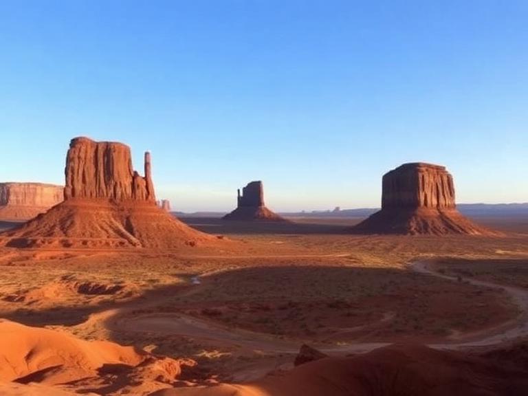 Monument Valley desert landscape with iconic sandstone buttes under a clear blue sky, part of a scenic Monument Valley itinerary