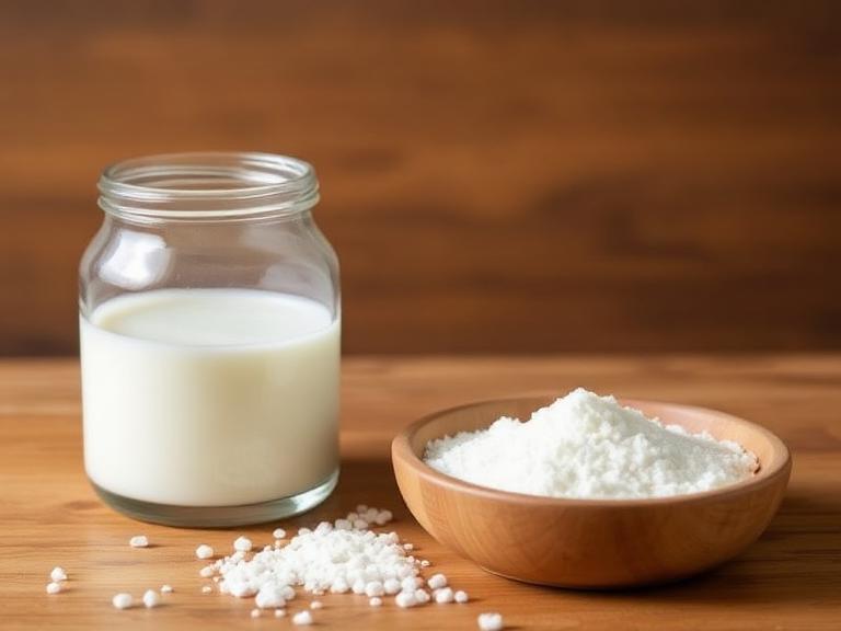 A glass jar filled with milk-like liquid next to a bowl of white magnesium hydroxide powder on a wooden surface