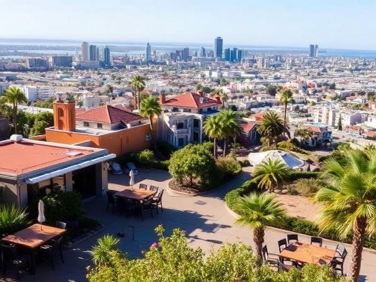Outdoor restaurant terrace with panoramic skyline view in San Diego, showcasing one of the best places to eat in San Diego.