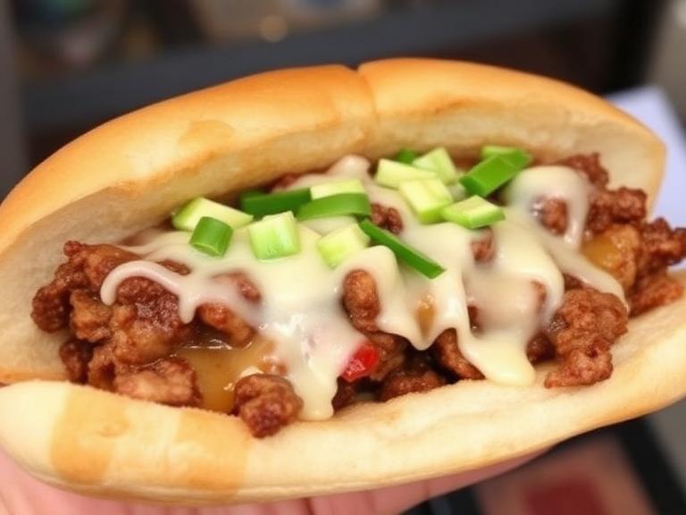 A close-up of a Philly cheesesteak sandwich filled with chopped beef, melted cheese, and fresh green onions inside a soft hoagie roll.