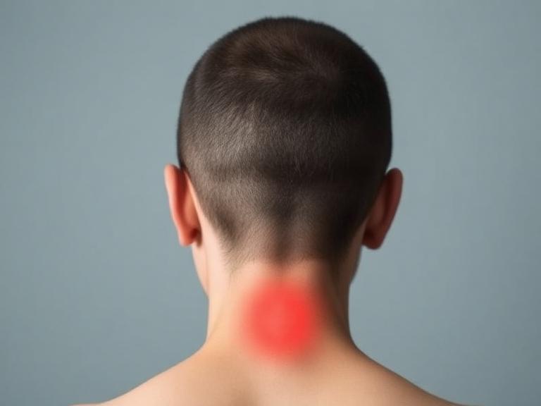 Red swollen lump on the back of neck hairline indicating possible infection or inflamed skin condition