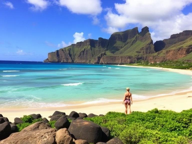 Woman standing on a tropical beach with turquoise water and lush green mountains in Oahu, Hawaii during a first-time visit