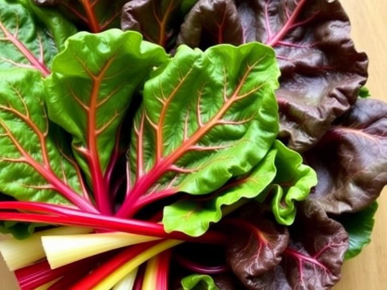 Fresh rainbow Swiss chard leaves with vibrant red, yellow, and green stems arranged on a wooden surface