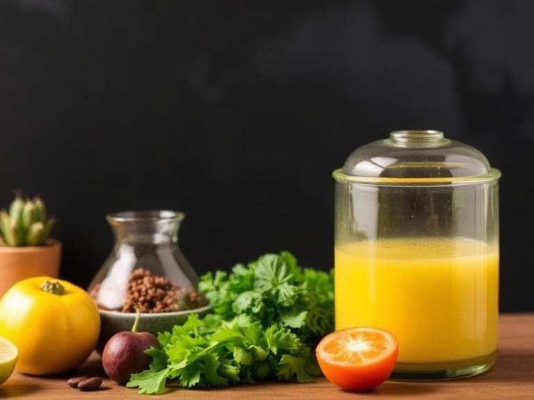 Fresh ingredients and citrus juice displayed with herbs and vegetables representing foods that neutralize stomach acid naturally