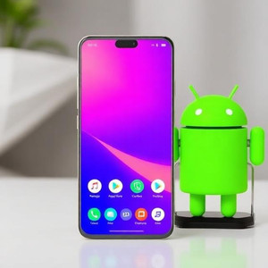 Android smartphone with colorful gradient display placed next to a green Android robot figure, representing mobile performance and speed optimization