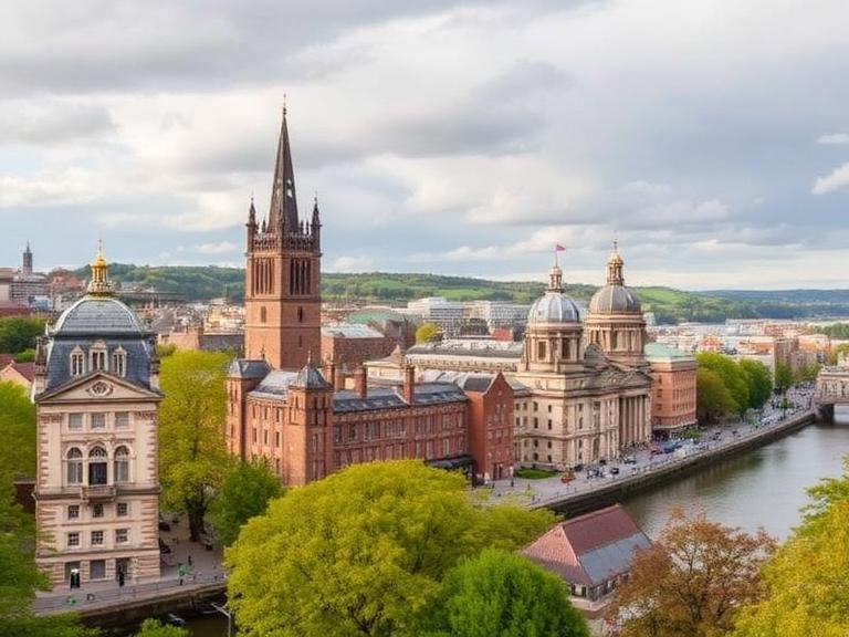 Panoramic view of Belfast city skyline with historic buildings, riverfront, and cathedral architecture under a cloudy sky in Northern Ireland.