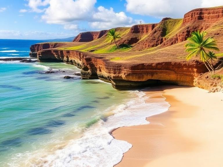 Golden sandy beach with turquoise water and dramatic red cliffs on Oahu coastline, Hawaii