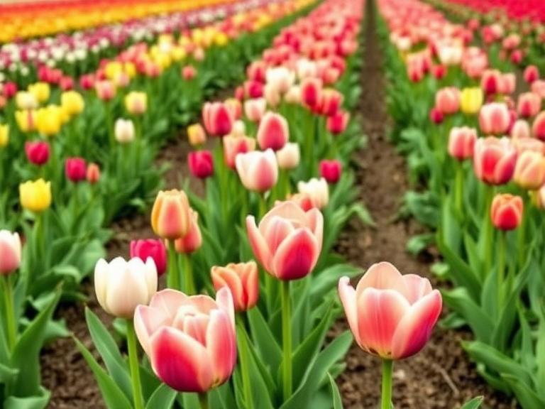 A vibrant tulip field in the Netherlands with rows of pink, red, yellow, and white tulips blooming in neat lines under soft daylight.