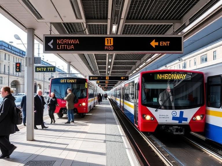 Passengers waiting at a modern train platform with red trains in Norway public transport system
