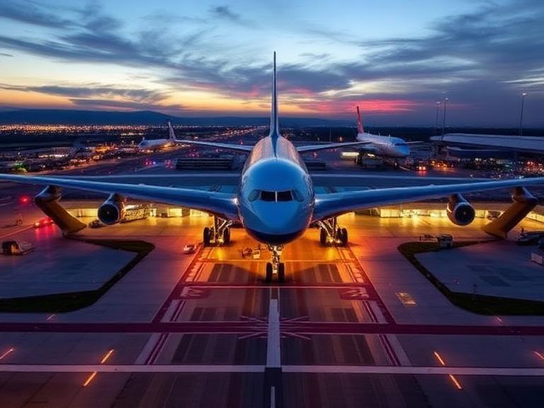 A plane on the runway at a large international airport during sunset, with airport lights illuminating the area and other aircraft in the background.