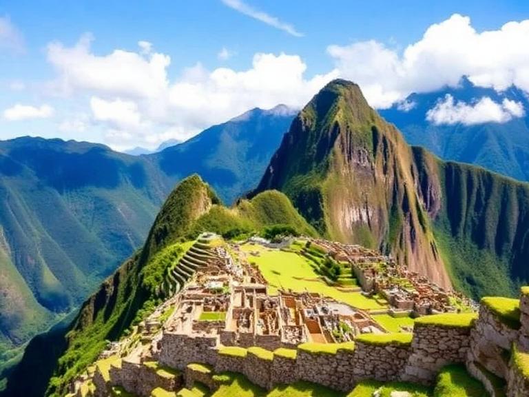 Best time to visit Machu Picchu with stunning views of the ancient ruins on a green hillside, surrounded by towering mountains and a clear blue sky.