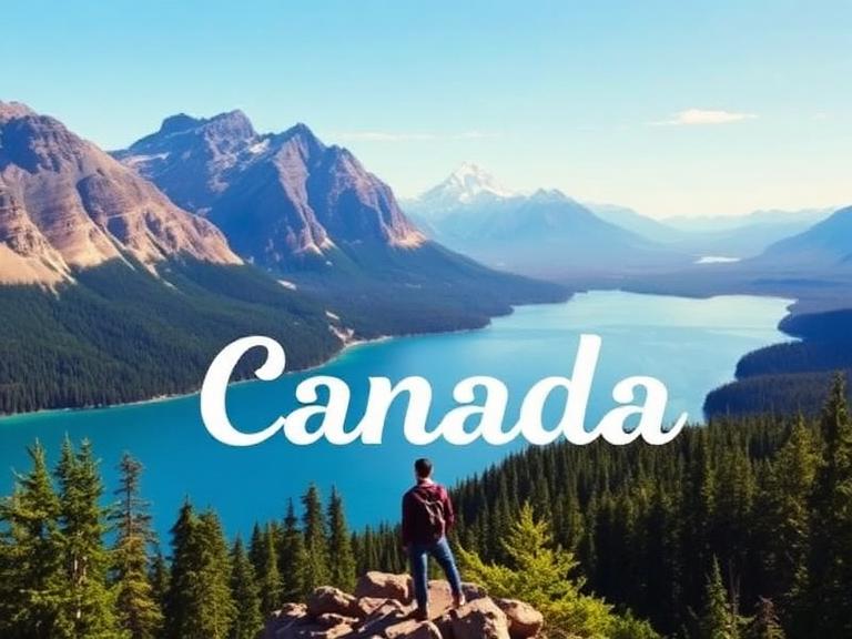 A person standing on a rocky outcrop overlooking the stunning landscape of Canada's wilderness, featuring lush forests, a pristine lake, and towering mountains in the background.